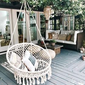 Hammock Chair Macrame Swing Chair Handmade Knitted Hanging Cotton Rope Chair for Indoor/Outdoor Home Patio Deck Yard Garden Reading Leisure Beige
