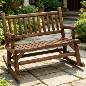2-Person Wood Rocking Chair Log Design Heavy Duty Wide Curved Seats for Patio Backyard Garden Walnut
