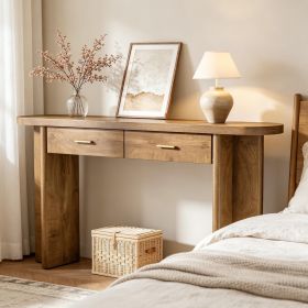 Farmhouse Oval Curved Entryway Table with 2 Drawers 63" Console Table Country Chic Hall Table Wood Sofa Table for Living Room