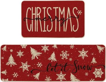 Xmas Trees Snowflake Let It Snow Merry Christmas Kitchen Mats Set of 2, Winter Decor Low-Profile Kitchen Rugs - 17x29 and 17x47 Inch