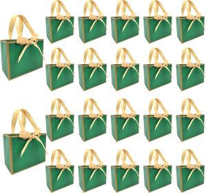 50 PCS Small Green Gold Gift Bags with Bow Ribbon - 6.4x3.1x5.1 Inch Thank You Bags with Handles, Bulk for Baby Shower, Bridal Shower, Wedding