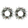 2 Pack 18in Pre-lit Snow Flocked Christmas Wreath, Lighted Artificial Xmas Wreath with 60 Warm Lights and 140 Tips and Red Berries Pine Cones