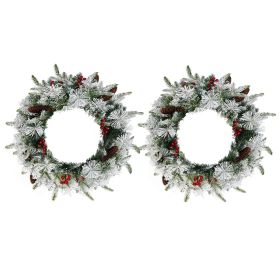2 Pack 18in Pre-lit Snow Flocked Christmas Wreath, Lighted Artificial Xmas Wreath with 60 Warm Lights and 140 Tips and Red Berries Pine Cones
