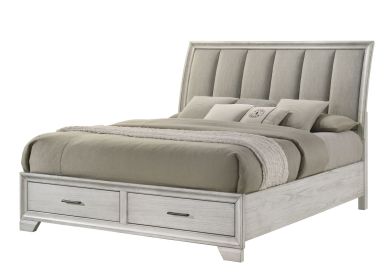 1pc King Storage Platform Bed Upholstered Ultra-plush Headboard Two Footboard Storage Drawers Solid Wood White Mist