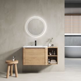 40'' Wall-Mounted Bathroom Vanity with White Ceramic Sink and Storage Shelves & 1-Soft-Close Door, KD-Packing, Plywood