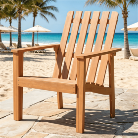Natural Finish Acacia Wood Adirondack Chair, Ergonomic Backrest & Extra Armrests Heavy Duty Outdoor Lounge Chair for Garden Lawn Gathering