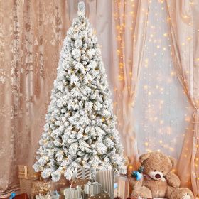 7FT Flocked Christmas Tree with 450 Warm White LED Lights â€“ 1060 Tips, Snowy PVC & Hard Needle Branches, Hinged Design for Easy Setup
