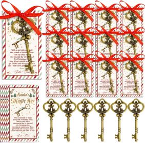 48 Sets Santa's Magic Key with Cards & Ribbon, Christmas Eve Ornament for No Chimney Homes, Holiday Tradition Metal Key Decoration, Party Favors