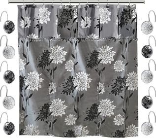 12pc Erica Bathroom Fabric Shower Curtain Sets Bathroom Shower Curtain & 12 Shower Bathroom Hooks Modern Classic Luxury Contemporary Decor Grey Shower