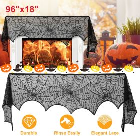 2PCS Halloween Mantle Scarf (96"x18") - Black Lace with Spider Web, Spider & Bat Design, Soft Anti-Crease Fabric - Perfect for Fireplace