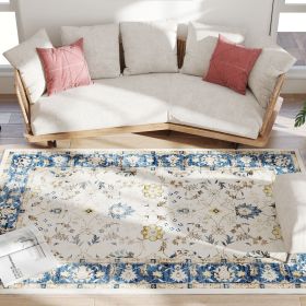 Machine Washable Area Rug 5x7, Non-Slip Boho Floral Print Floor Carpet for Living Room, Bedroom, Dining Room, Blue