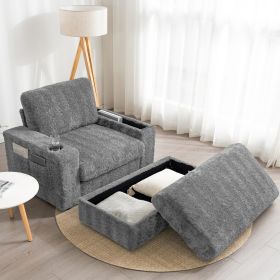 42" Oversized Single Sofa, Faux Rabbit Fur Armchair with Cup Holders, Upholstered Chaise Lounge with Storage Ottoman and Armrests