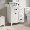30" White Bathroom Vanity with Ceramic Sink, Freestanding Vanity with Black Metal Handles, Solid Wood Legs, Soft-Close Doors & Drawers, Ample Storage