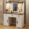 43.3" Farmhouse Makeup Vanity Desk with Lighted Mirror, Vanity Table Set with Charging Station