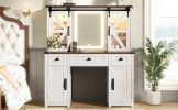 43.3" Farmhouse Makeup Vanity Desk with Lighted Mirror, Vanity Table Set with Charging Station