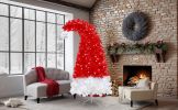 6FT Artificial Christmas Tree with LED Light, Santa's Hat Shape Artificial Whimsical Xmas Tree with 1050 Tip, Curved Xmax Tree