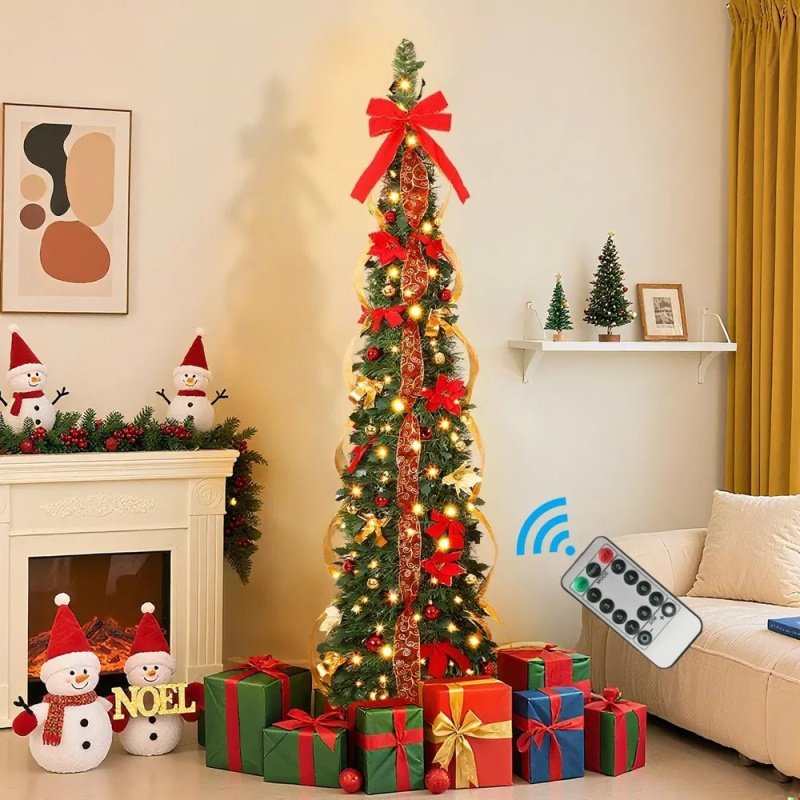 6ft Pop Up Prelit Pencil Artificial Christmas Tree With Remote Control, Slim Collapsible Christmas Tree Pre-Decorated Red&Gold Decorations, Pre-L (Option: Green)