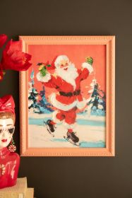 FRAMED ICE SKATING SANTA PAINTING (Option: 1MultiCanvas/Paper Backing/Plastic Frame/Metal Hanger/Acrylic Paint/Mdf)