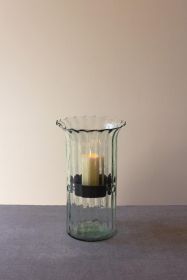 RIBBED GLASS CANDLE CYLINDER W RUSTIC INSERT (Option: MEDIUMClearGlass/Metal)