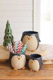 SET OF THREE CERAMIC PENGUIN PLANTERS (Option: BlackCeramic)