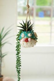 CERAMIC HANGING BLOWFISH PLANTER (Option: 1MultiCeramic/Jute)