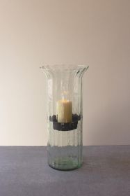 RIBBED GLASS CANDLE CYLINDER W RUSTIC INSERT (Option: LARGEClearGlass/Metal)