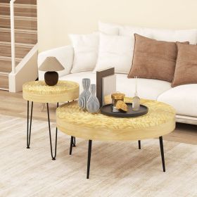 Set of 2 Solid Wood Ring Pattern Farmhouse Round Coffee Tables (Color: Natural)