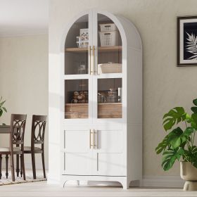71" Tall Arched Kitchen Pantry Cabinet with Door Shelves, Farmhouse Kitchen Storage Cabinet with Open & Adjustable Shelves, Hidden Drawer & Glass Door (Color: White)