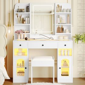 43.2" Vanity Desk with LED Mirror and Lights, Glass Top Vanity with RGB Glass Light Cabinets, Dressing Table with 3 Drawers (Color: White)