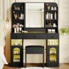 43.2" Vanity Desk with LED Mirror and Lights, Glass Top Vanity with RGB Glass Light Cabinets, Dressing Table with 3 Drawers