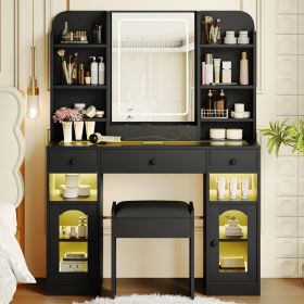 43.2" Vanity Desk with LED Mirror and Lights, Glass Top Vanity with RGB Glass Light Cabinets, Dressing Table with 3 Drawers (Color: Black)