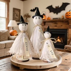 Halloween Decorations Indoor - 3 Set Primitive Halloween Ghosts with Hat, Wooden Stand Ghost Decor for Table Centerpieces, Mantels, Shelves (Color: White Ghost With Hat)