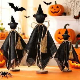 Halloween Decorations Indoor - 3 Set Primitive Halloween Ghosts with Hat, Wooden Stand Ghost Decor for Table Centerpieces, Mantels, Shelves (Color: Black Witch With Hat)