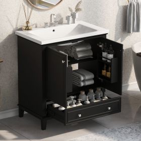 30" Bathroom Vanity with Sink Combo, Multi-functional Bathroom Cabinet with Doors and Drawer, Solid Frame and MDF Board (Color: Black, Material: Solid Wood+MDF)