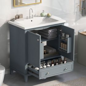 30" Bathroom Vanity with Sink Combo, Multi-functional Bathroom Cabinet with Doors and Drawer, Solid Frame and MDF Board (Color: Blue, Material: Solid Wood+MDF)