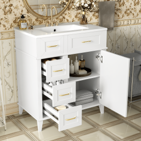 30-Inch Bathroom Vanity with Ceramic Sink, Adjustable Shelf, Soft Close Door, and Three Soft Close Drawers (Color: White, Material: Solid Wood+MDF)