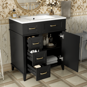 30-Inch Bathroom Vanity with Ceramic Sink, Adjustable Shelf, Soft Close Door, and Three Soft Close Drawers (Color: Black, Material: Solid Wood+MDF)