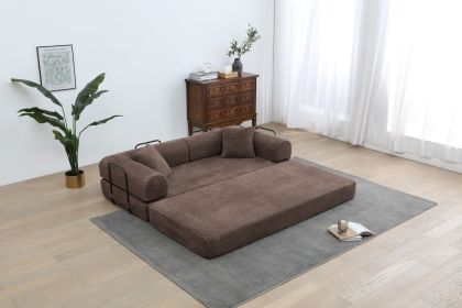 Convertible Sleeper Sofa Bed with Cylindrical Pillow, Corduroy Folding Mattress Couch with Fixed-Shape Frame (Color: Brown)