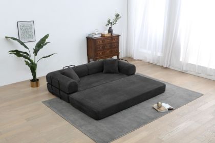 Convertible Sleeper Sofa Bed with Cylindrical Pillow, Corduroy Folding Mattress Couch with Fixed-Shape Frame (Color: Black)