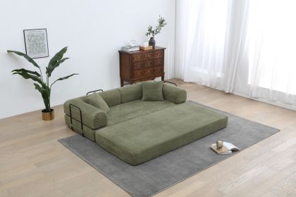 Convertible Sleeper Sofa Bed with Cylindrical Pillow, Corduroy Folding Mattress Couch with Fixed-Shape Frame (Color: Light green)