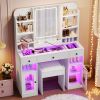43.2" Vanity Desk with LED Mirror and Lights, Glass Top Vanity with RGB Glass Light Cabinets, Dressing Table with 3 Drawers